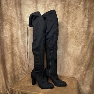 Oliva Ferguson Thigh High Faux Suede Boots Black Block Heel Cinch Top Women's 10